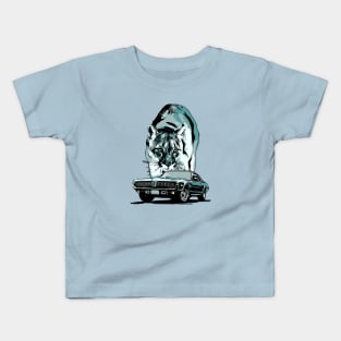 68 Mercury Cougar with cougar cat backdrop, blue/green theme. Kids T-Shirt